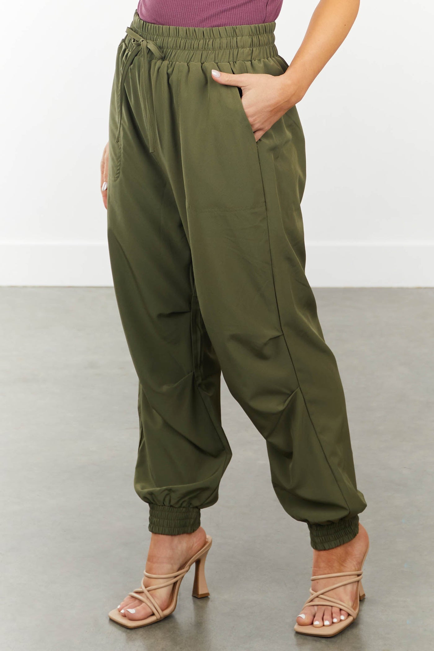 Olive Woven Drawstring Joggers with Pockets