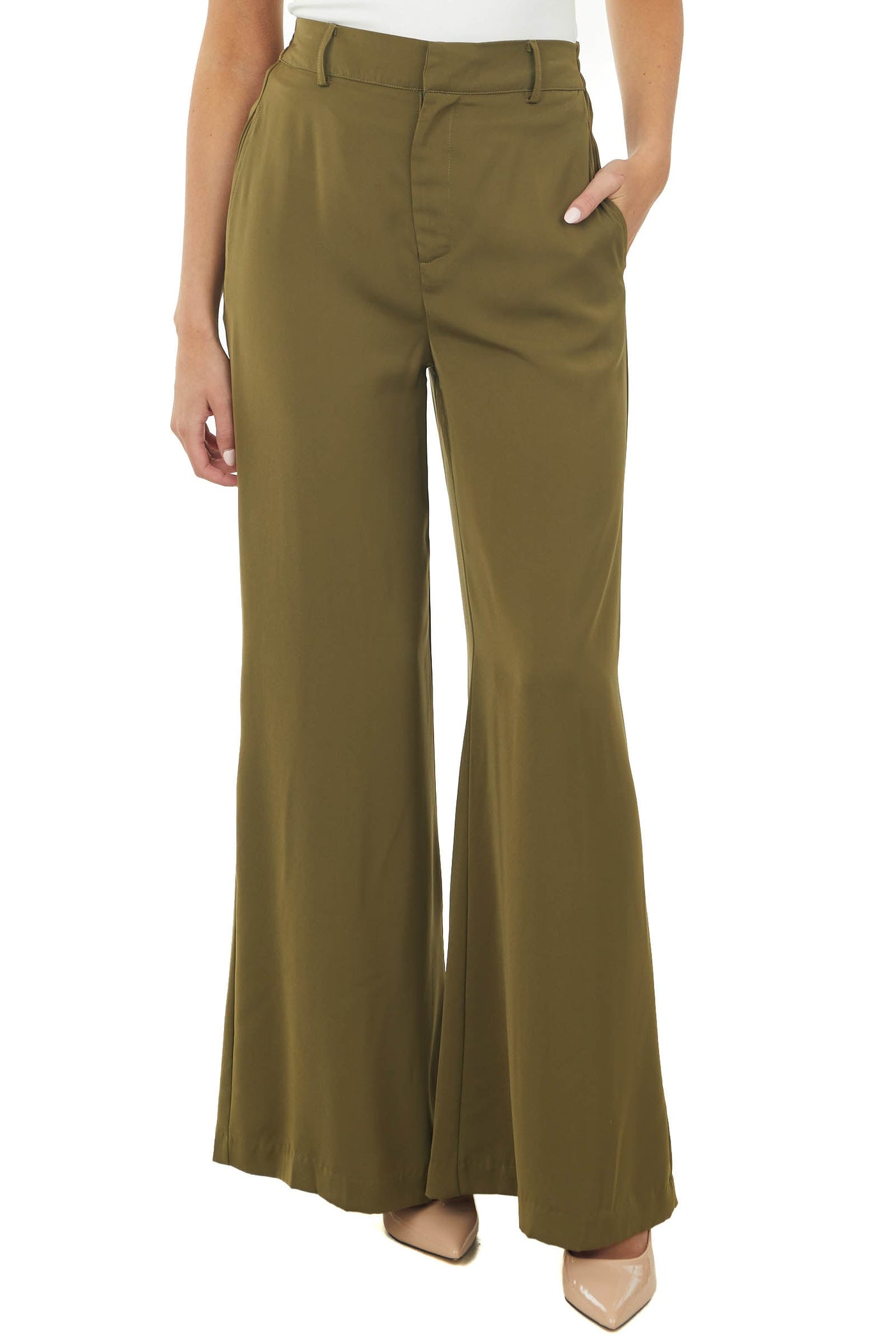 Olive Woven Wide Leg Flowy Pants with Pockets