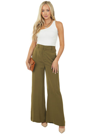 Olive Woven Wide Leg Flowy Pants with Pockets