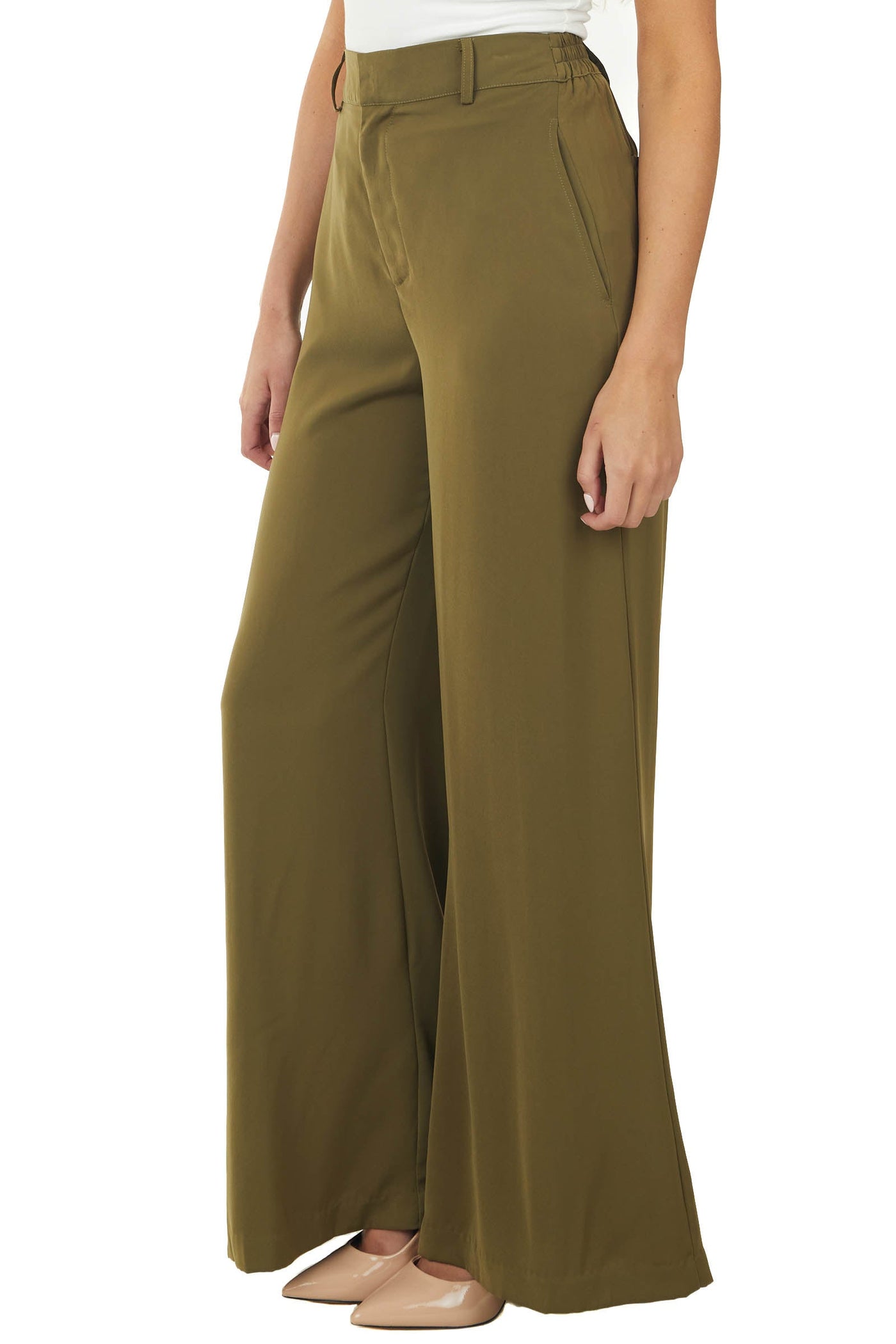 Olive Woven Wide Leg Flowy Pants with Pockets