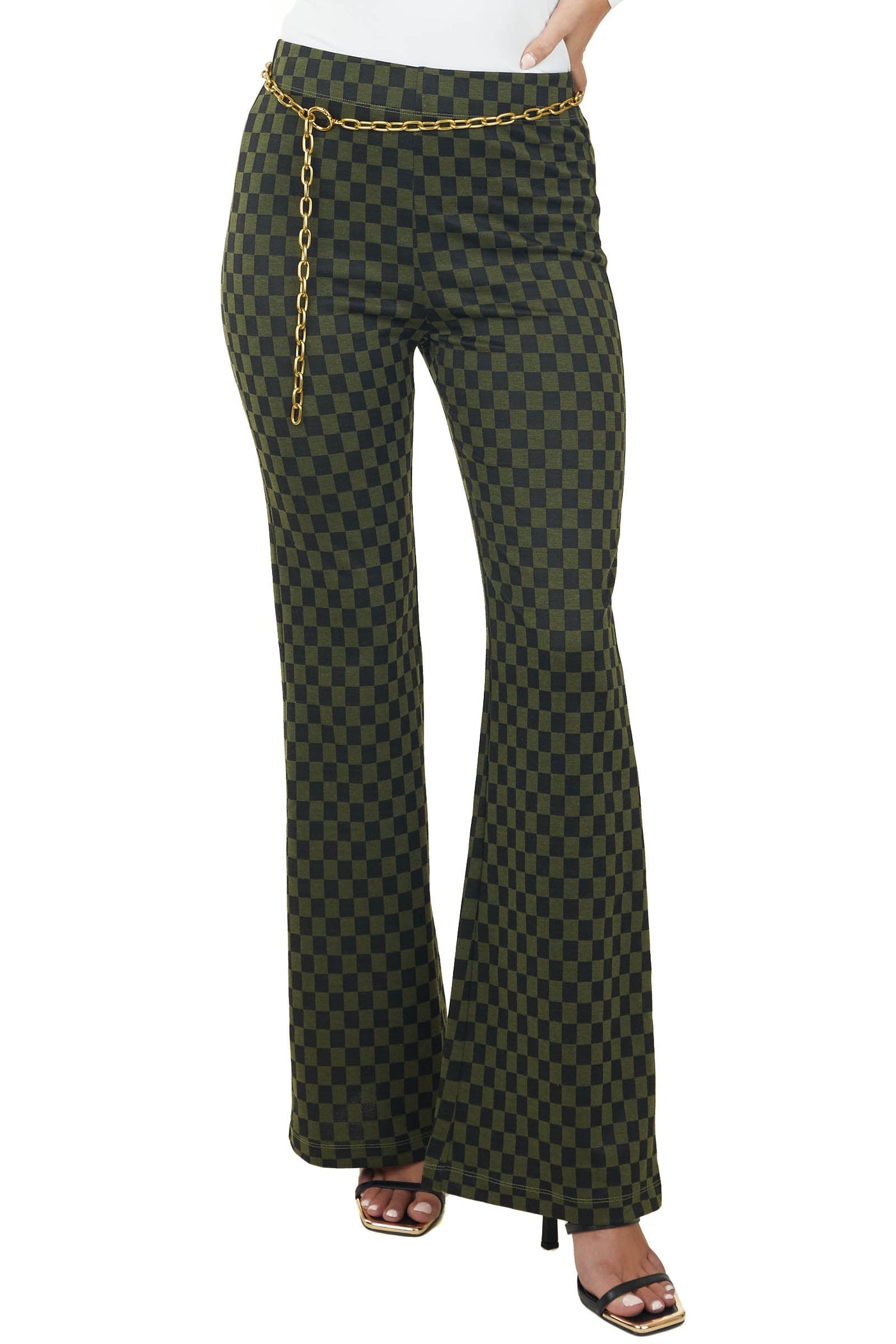 Olive and Black Checkered High Waisted Flare Pants