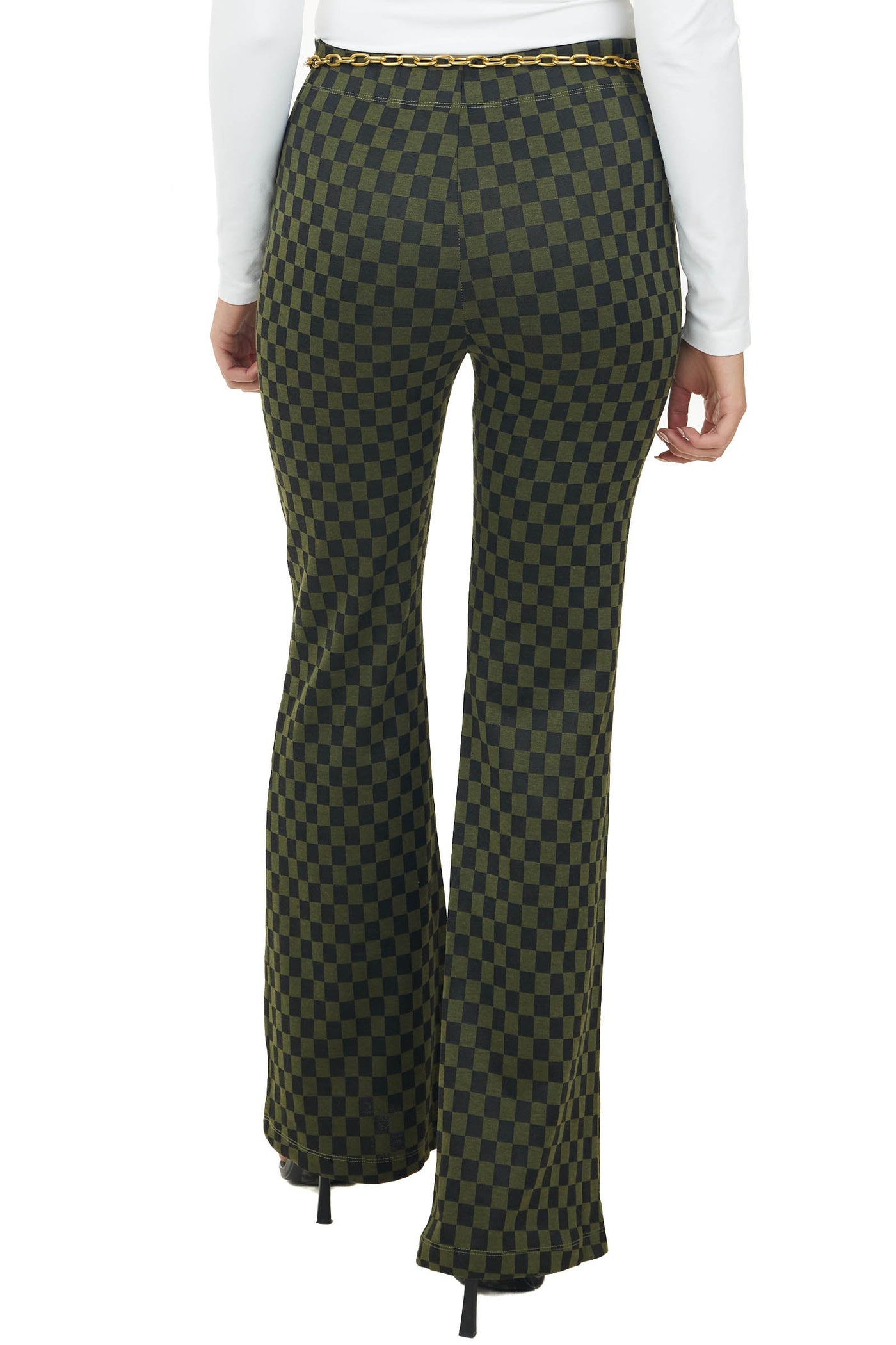 Olive and Black Checkered High Waisted Flare Pants