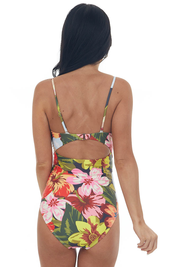 Olive and Pink Tropical Cut Out Knot Swimsuit