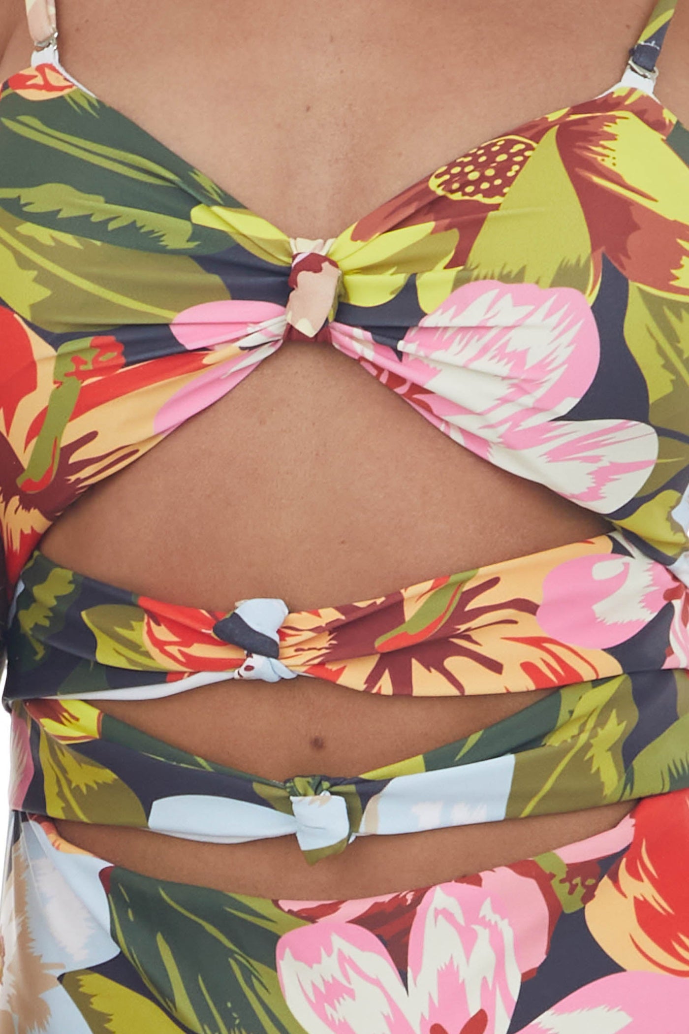 Olive and Pink Tropical Cut Out Knot Swimsuit