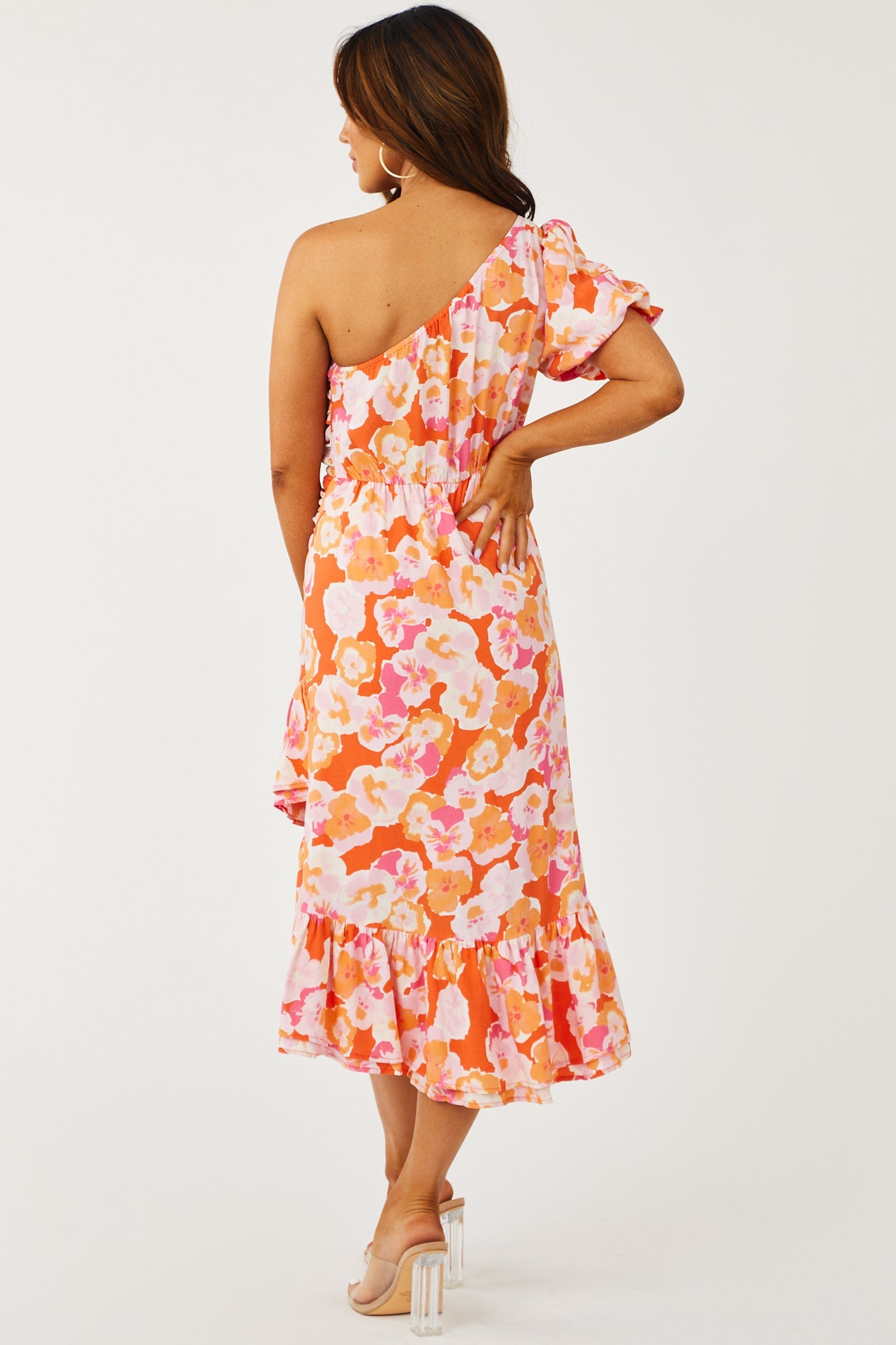 Orange One Shoulder High Low Floral Midi Dress