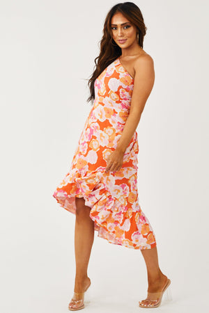 Orange One Shoulder High Low Floral Midi Dress