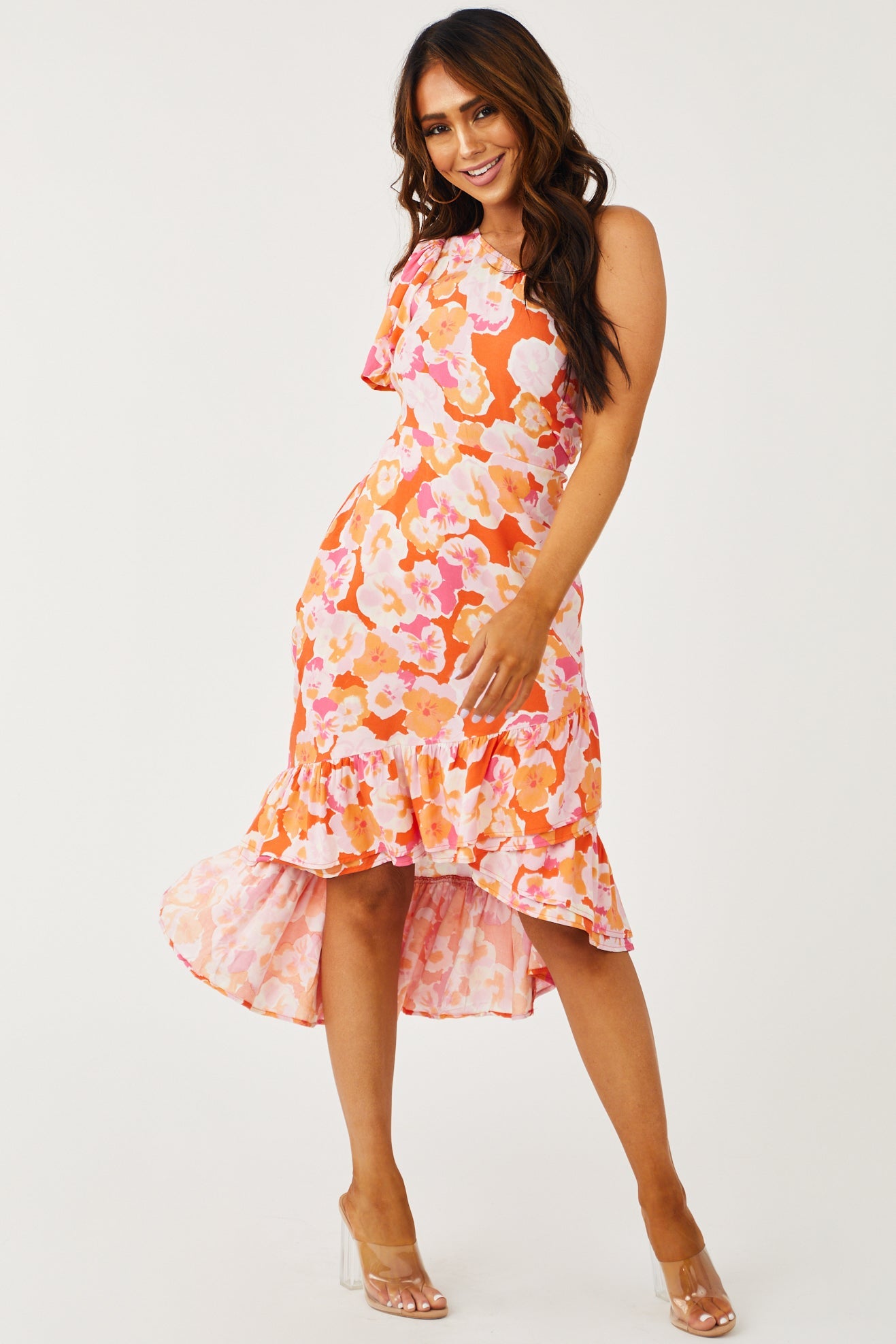 Orange One Shoulder High Low Floral Midi Dress