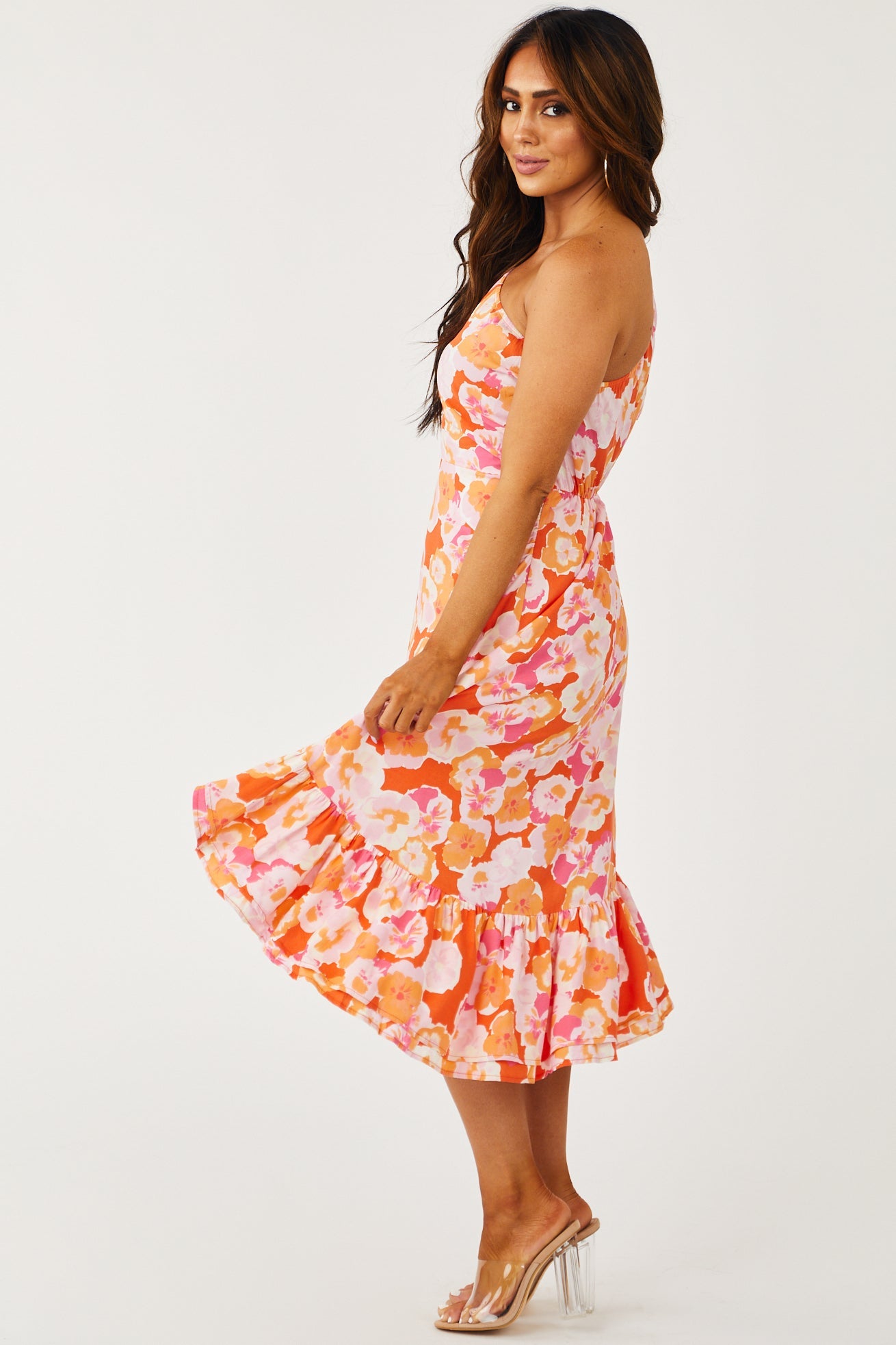 Orange One Shoulder High Low Floral Midi Dress