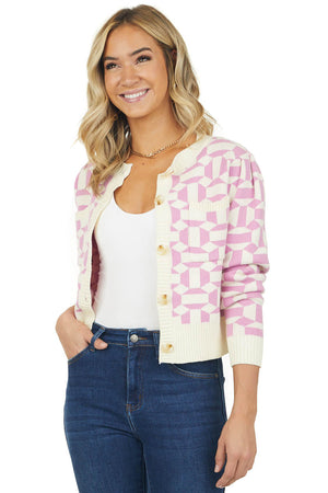 Orchid Abstract Print Button Up Knit Cardigan