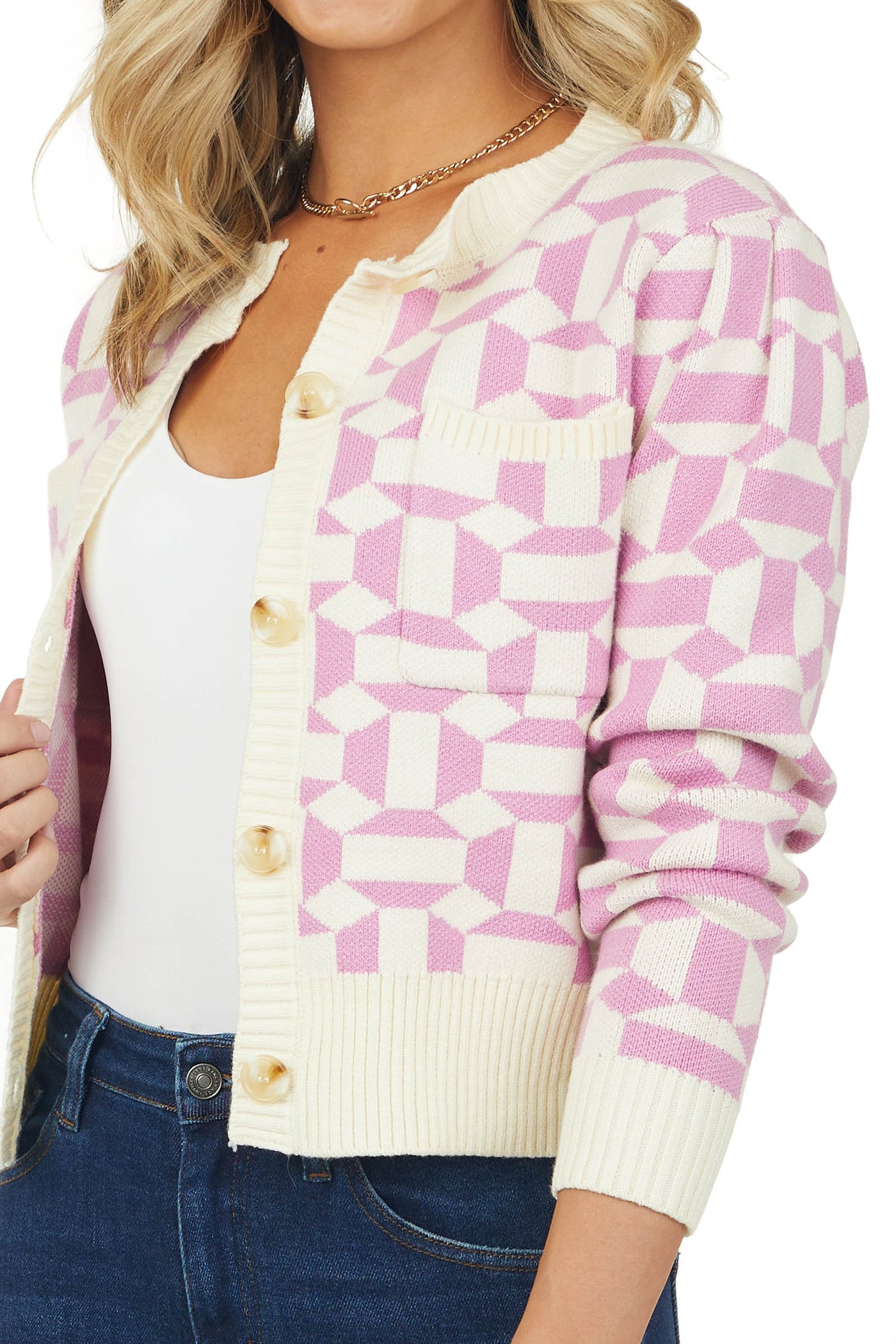 Orchid Abstract Print Button Up Knit Cardigan
