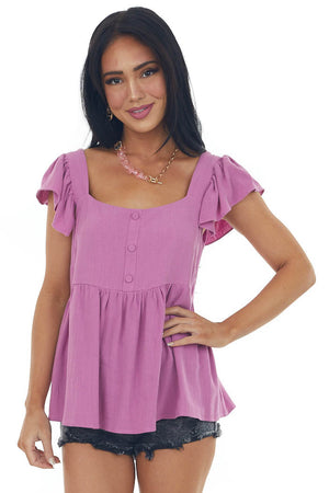 Orchid Babydoll Button Top with Ruffle Cap Sleeves