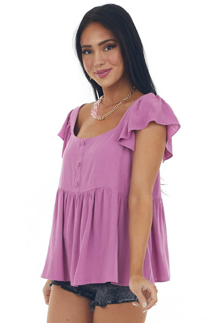 Orchid Babydoll Button Top with Ruffle Cap Sleeves