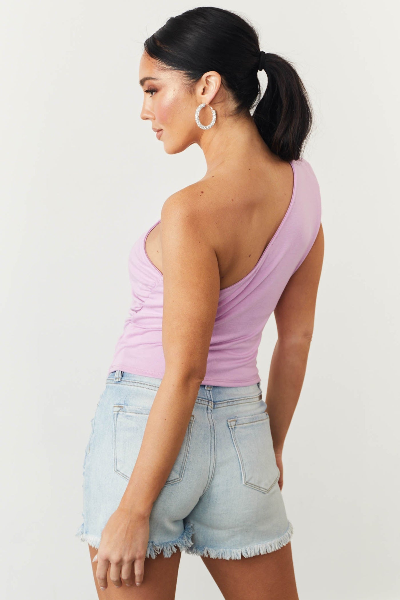 Orchid One Shoulder Side Ruched Knit Tank Top