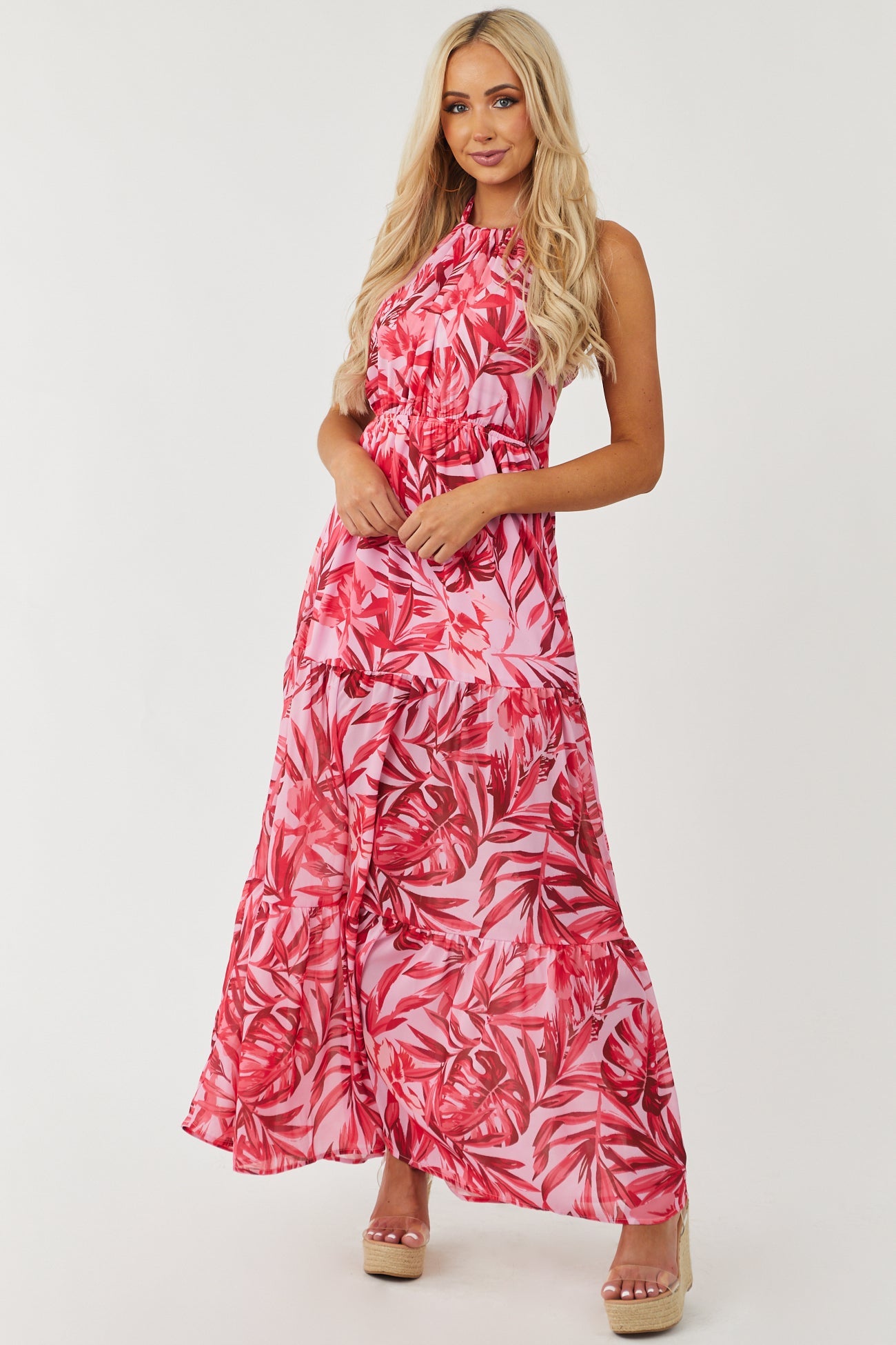 Orchid Tropical Print Halter Neck Maxi Dress
