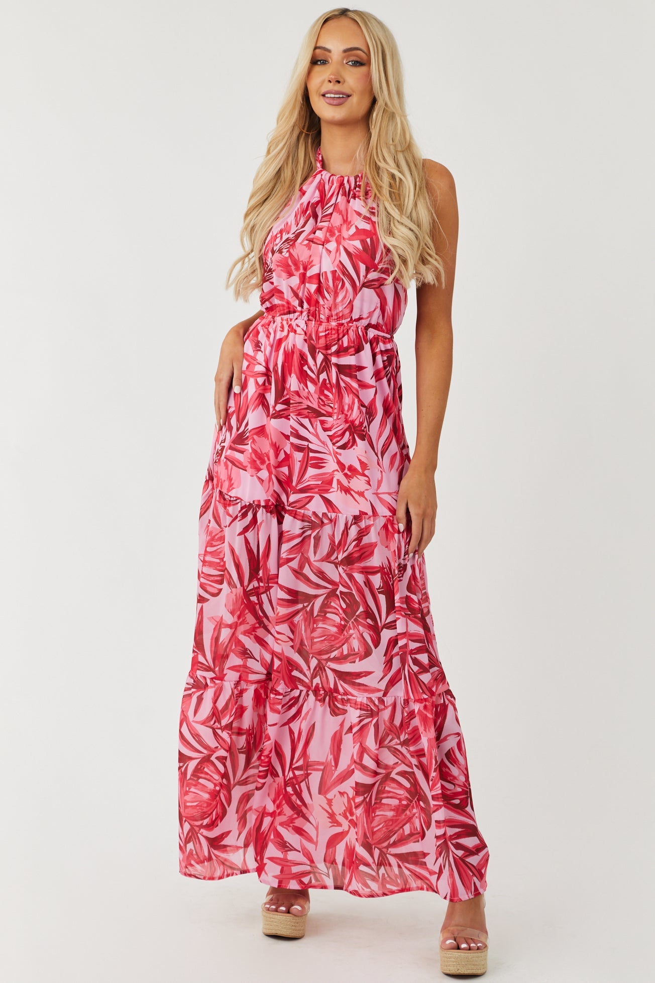 Orchid Tropical Print Halter Neck Maxi Dress