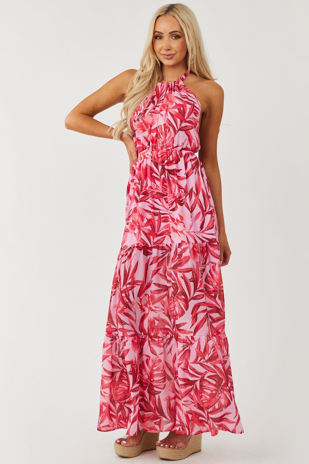 Orchid Tropical Print Halter Neck Maxi Dress