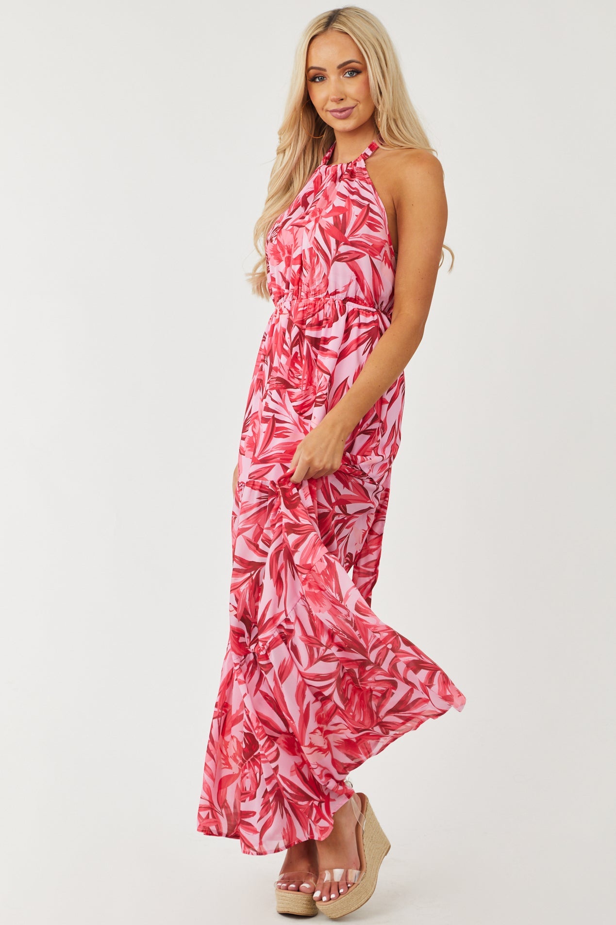 Orchid Tropical Print Halter Neck Maxi Dress
