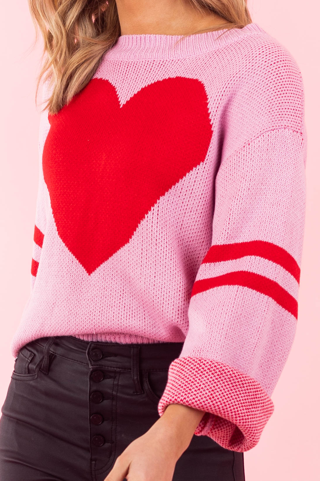 Orchid and Lipstick Heart Sweater with Stripe Sleeves