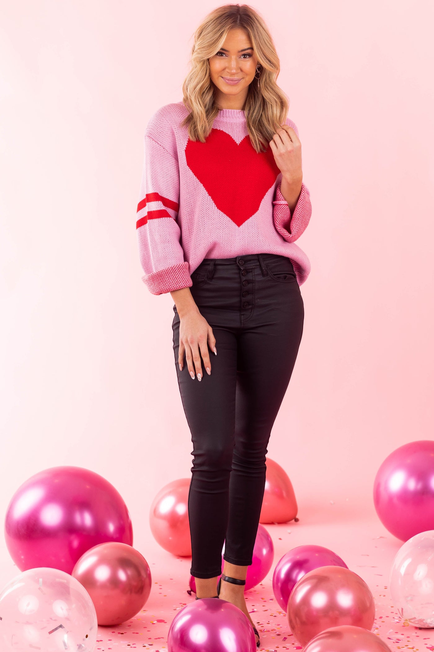 Orchid and Lipstick Heart Sweater with Stripe Sleeves
