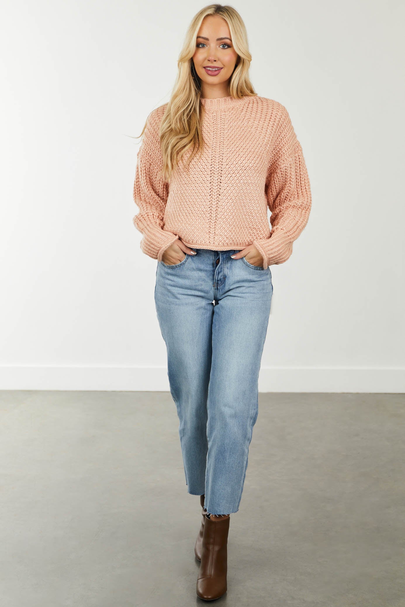 Pale Coral Long Sleeve High Neckline Sweater