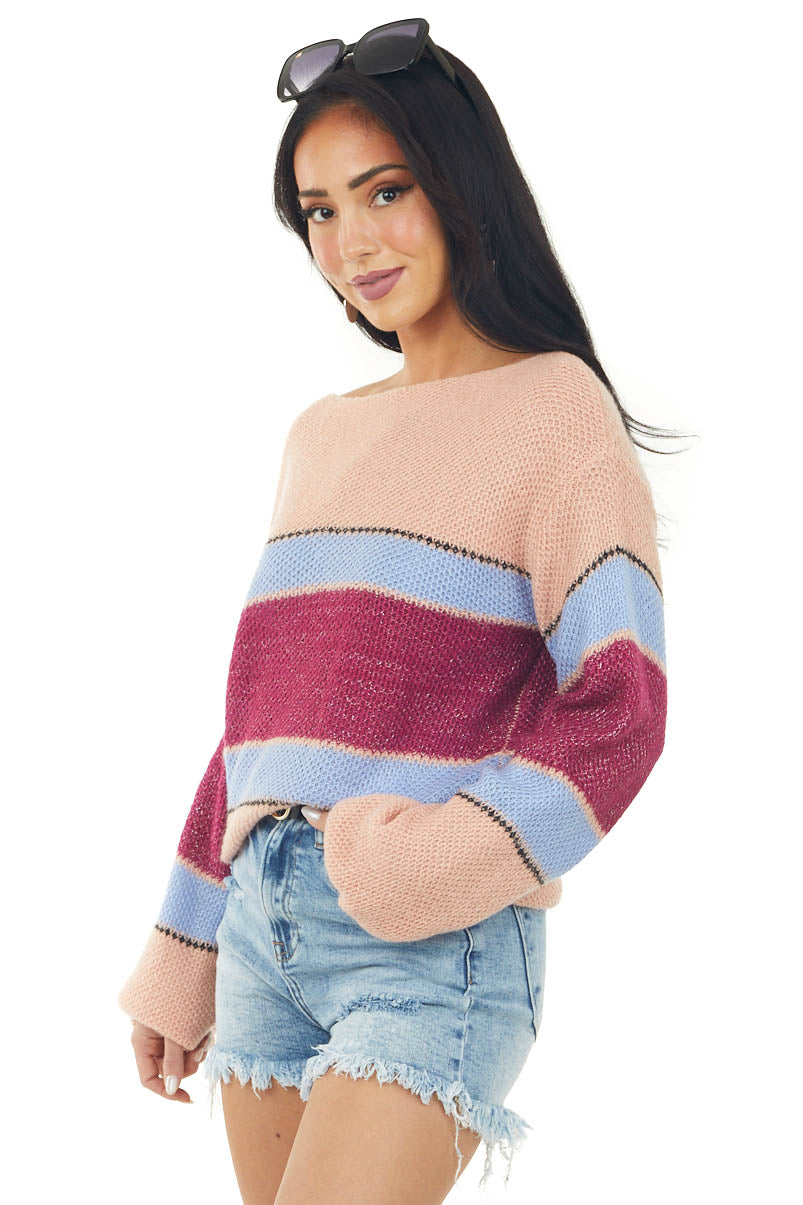 Pale Coral Striped Long Sleeve Boat Neck Sweater