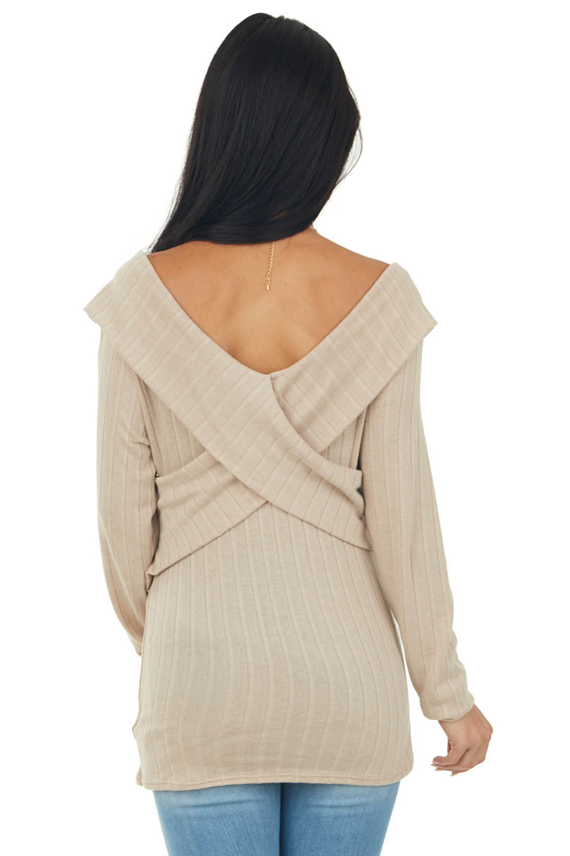 Pale Latte Criss Cross Overlay Ribbed Knit Top