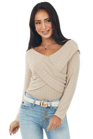 Pale Latte Criss Cross Overlay Ribbed Knit Top