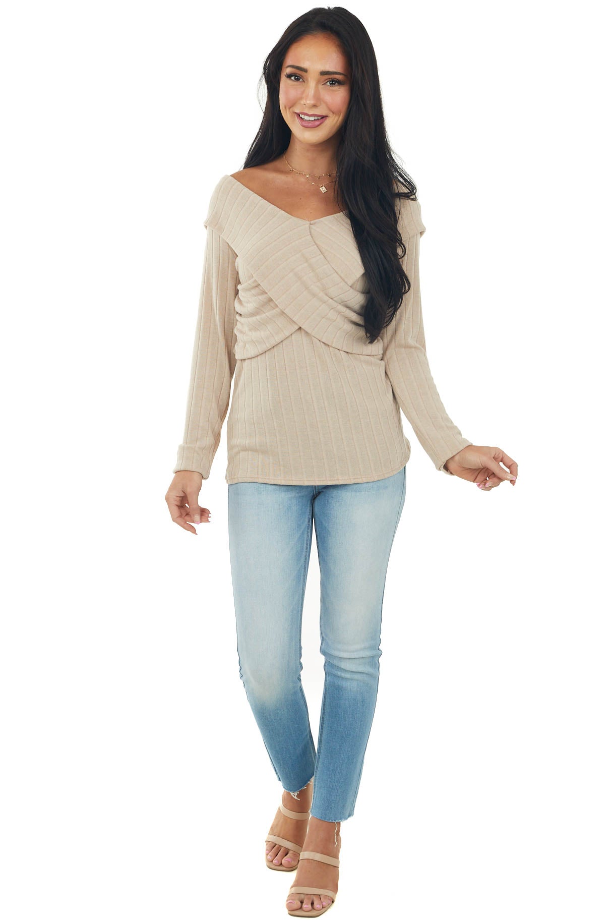 Pale Latte Criss Cross Overlay Ribbed Knit Top