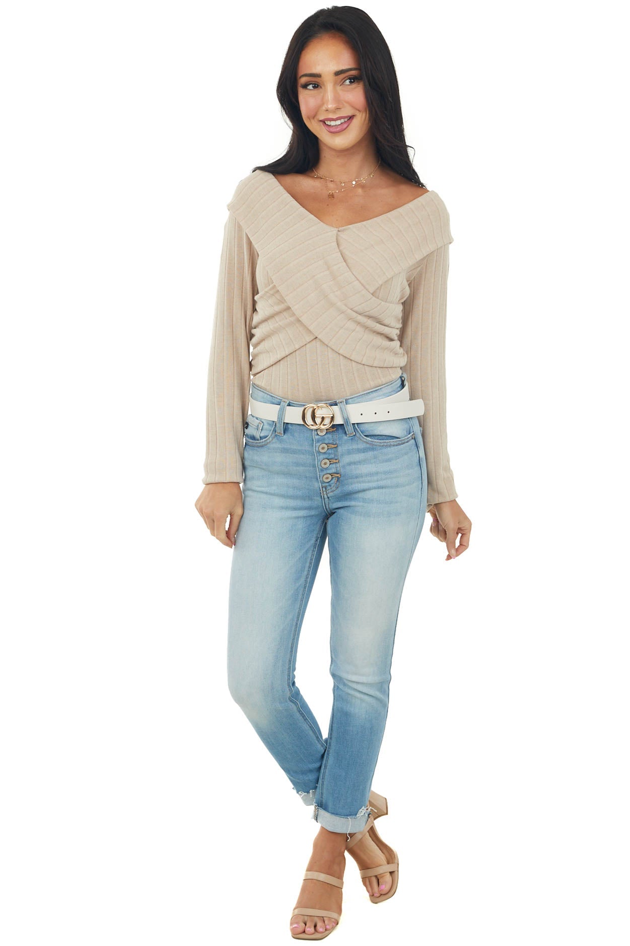 Pale Latte Criss Cross Overlay Ribbed Knit Top