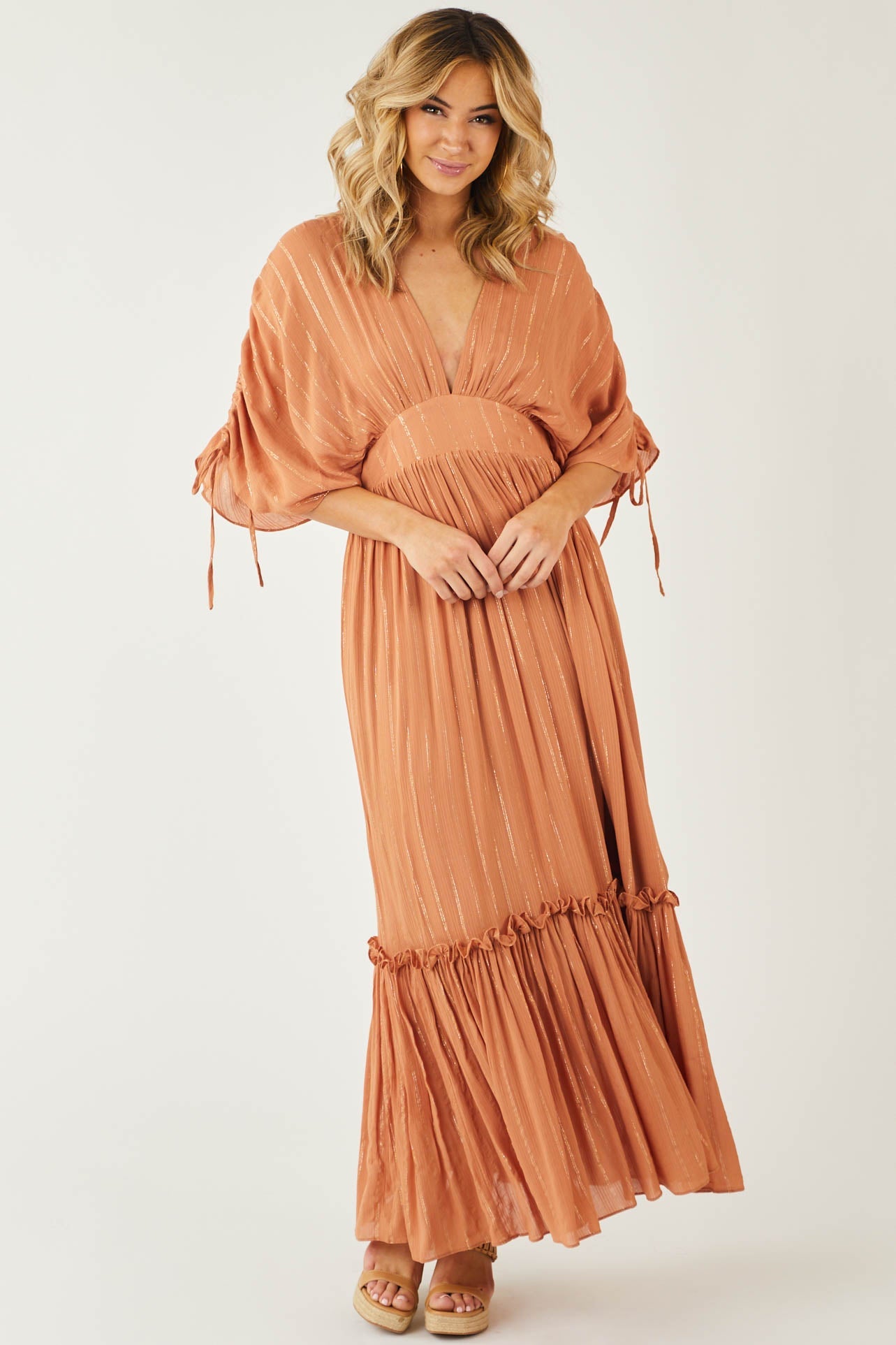 Pale Sandstone Metallic Threaded Woven Maxi Dress