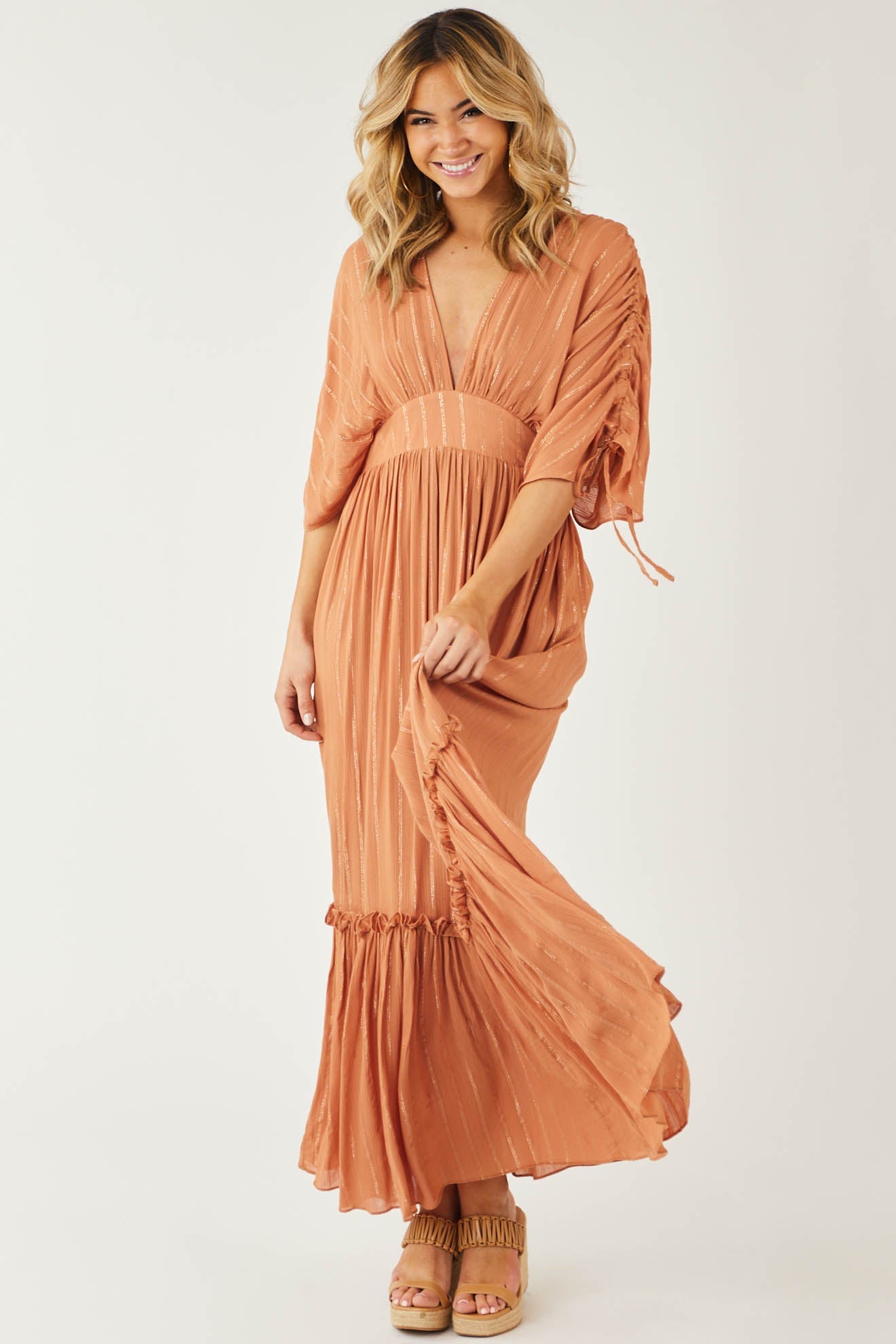Pale Sandstone Metallic Threaded Woven Maxi Dress