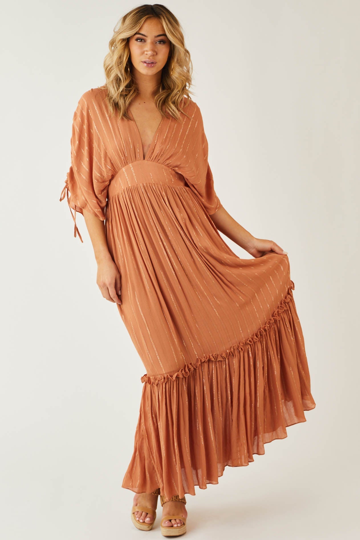 Pale Sandstone Metallic Threaded Woven Maxi Dress