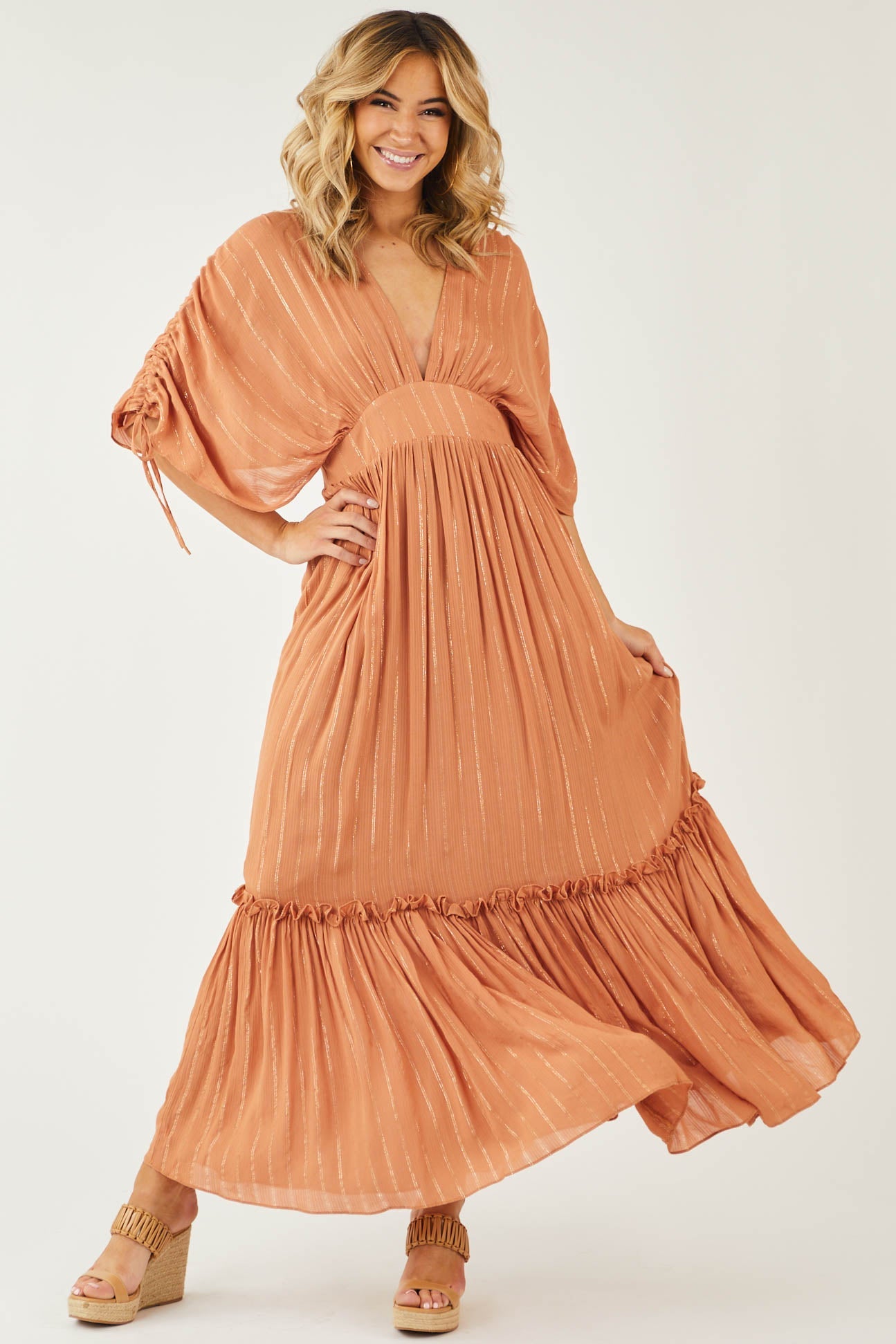 Pale Sandstone Metallic Threaded Woven Maxi Dress
