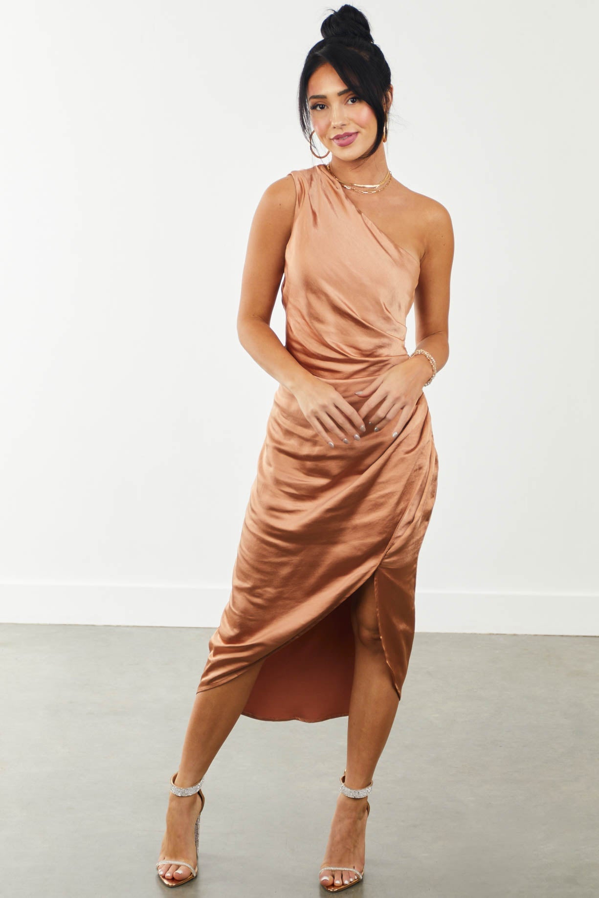Pale Sandstone One Shoulder Satin Midi Dress