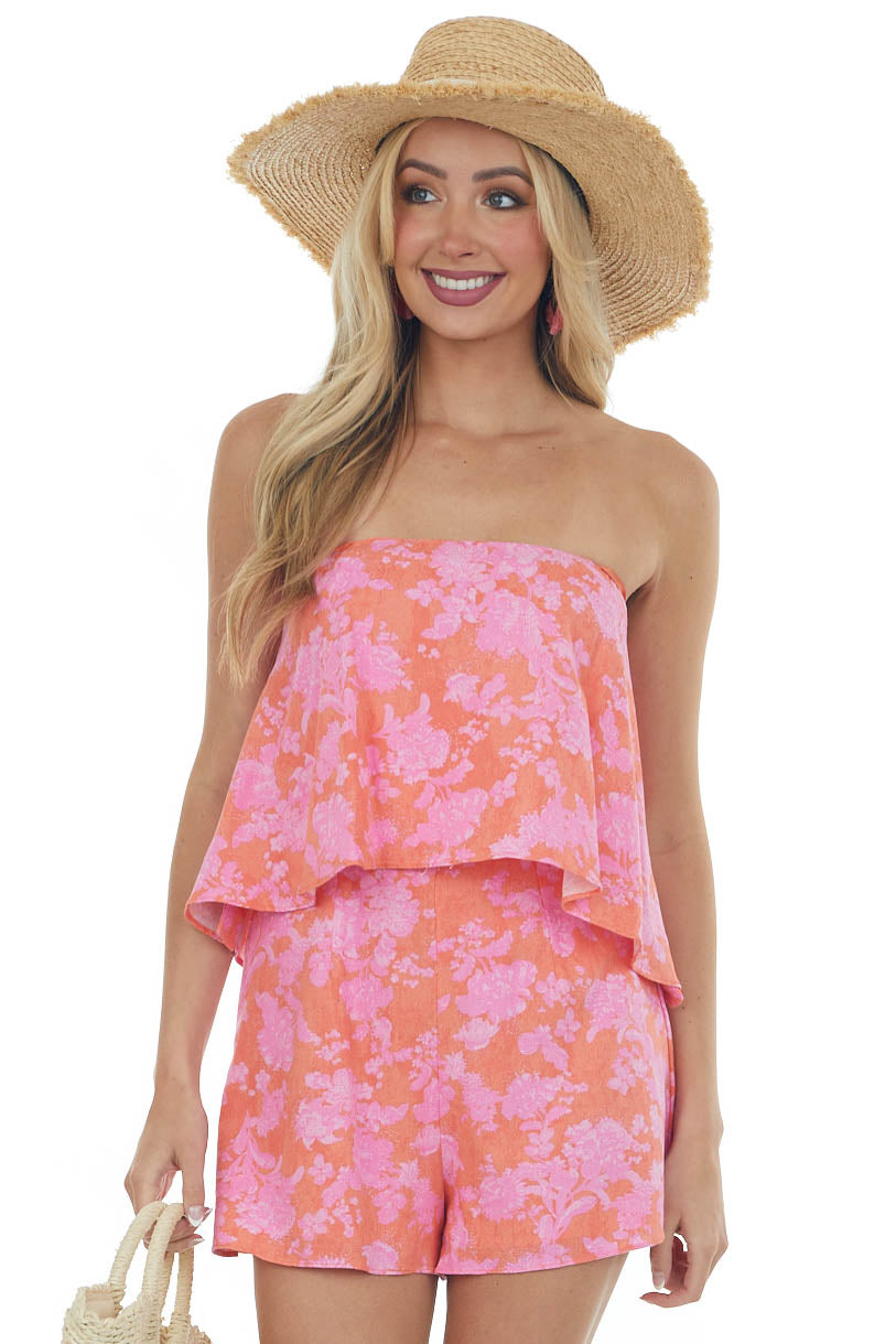 Pale Tangerine Floral Print Strapless Woven Romper