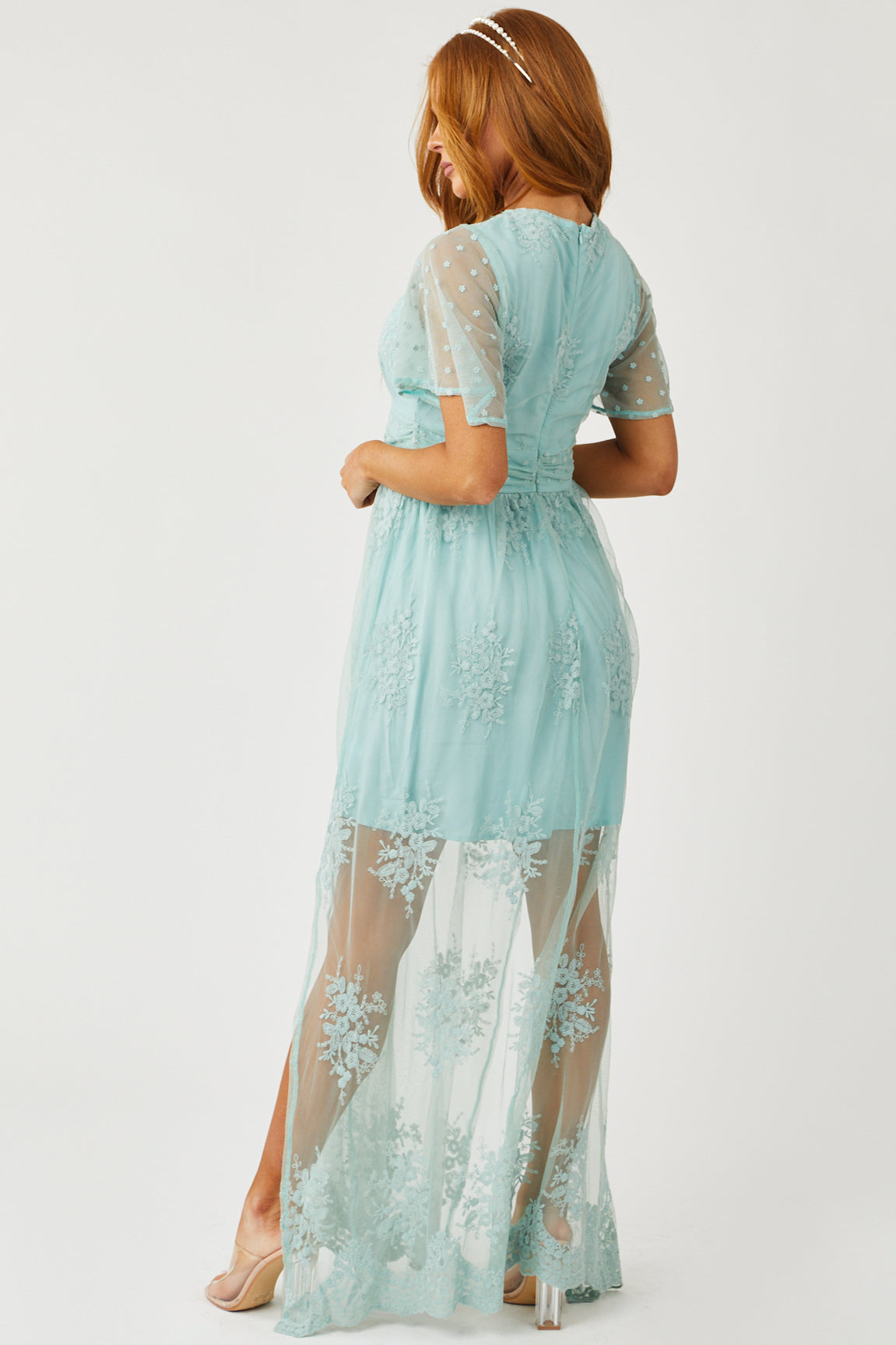 Pale Teal Floral Embroidered Tulle Maxi Dress