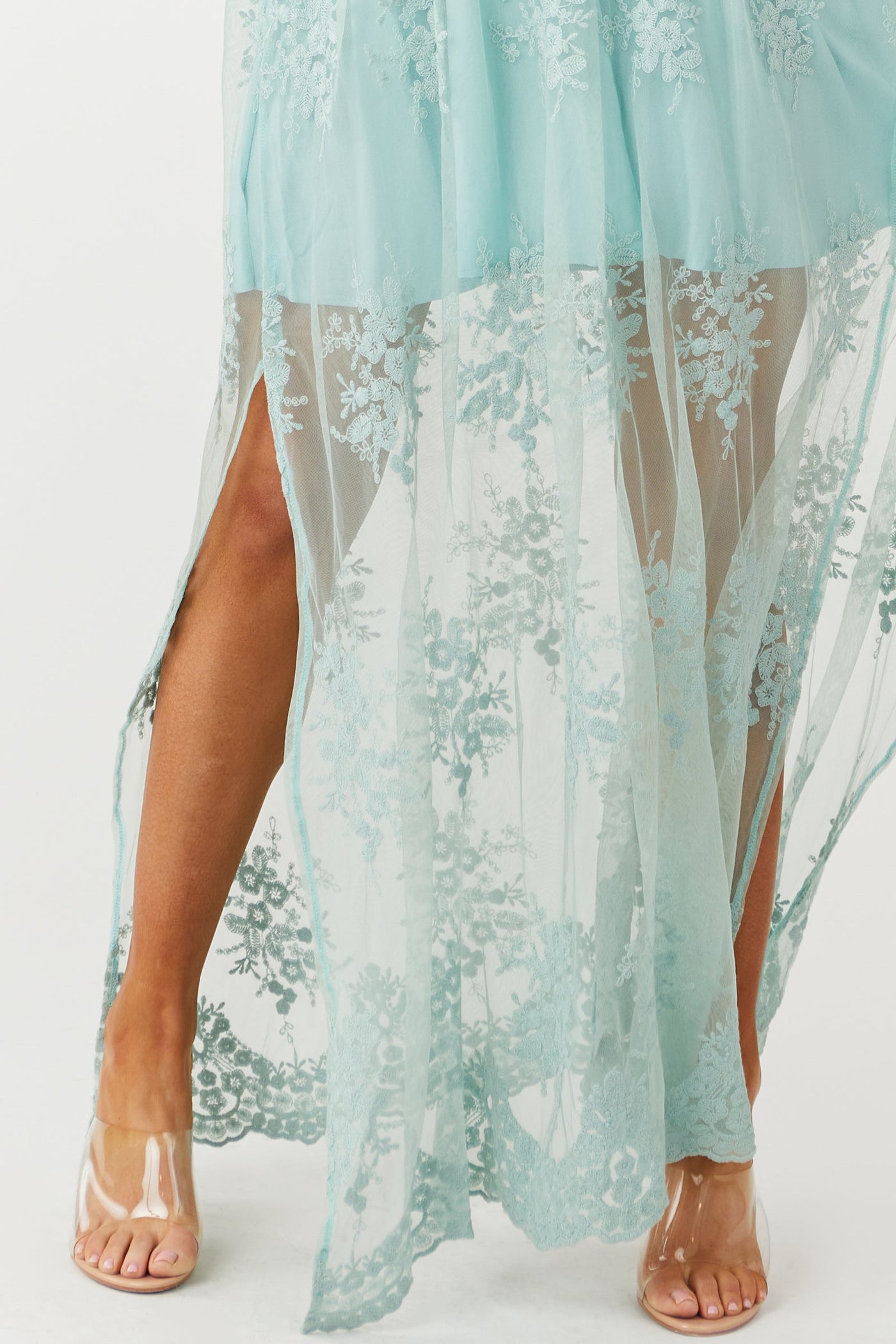 Pale Teal Floral Embroidered Tulle Maxi Dress