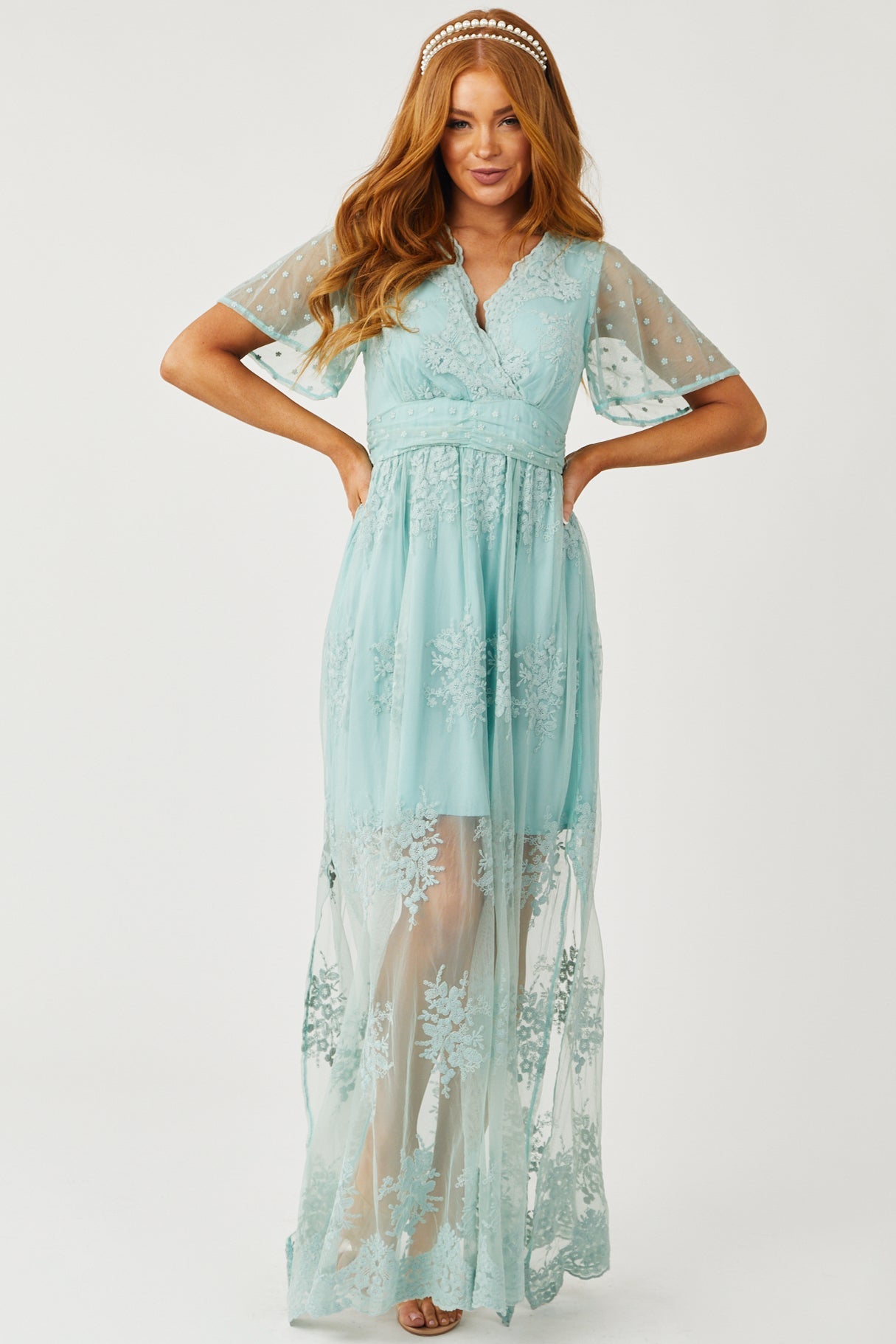Pale Teal Floral Embroidered Tulle Maxi Dress