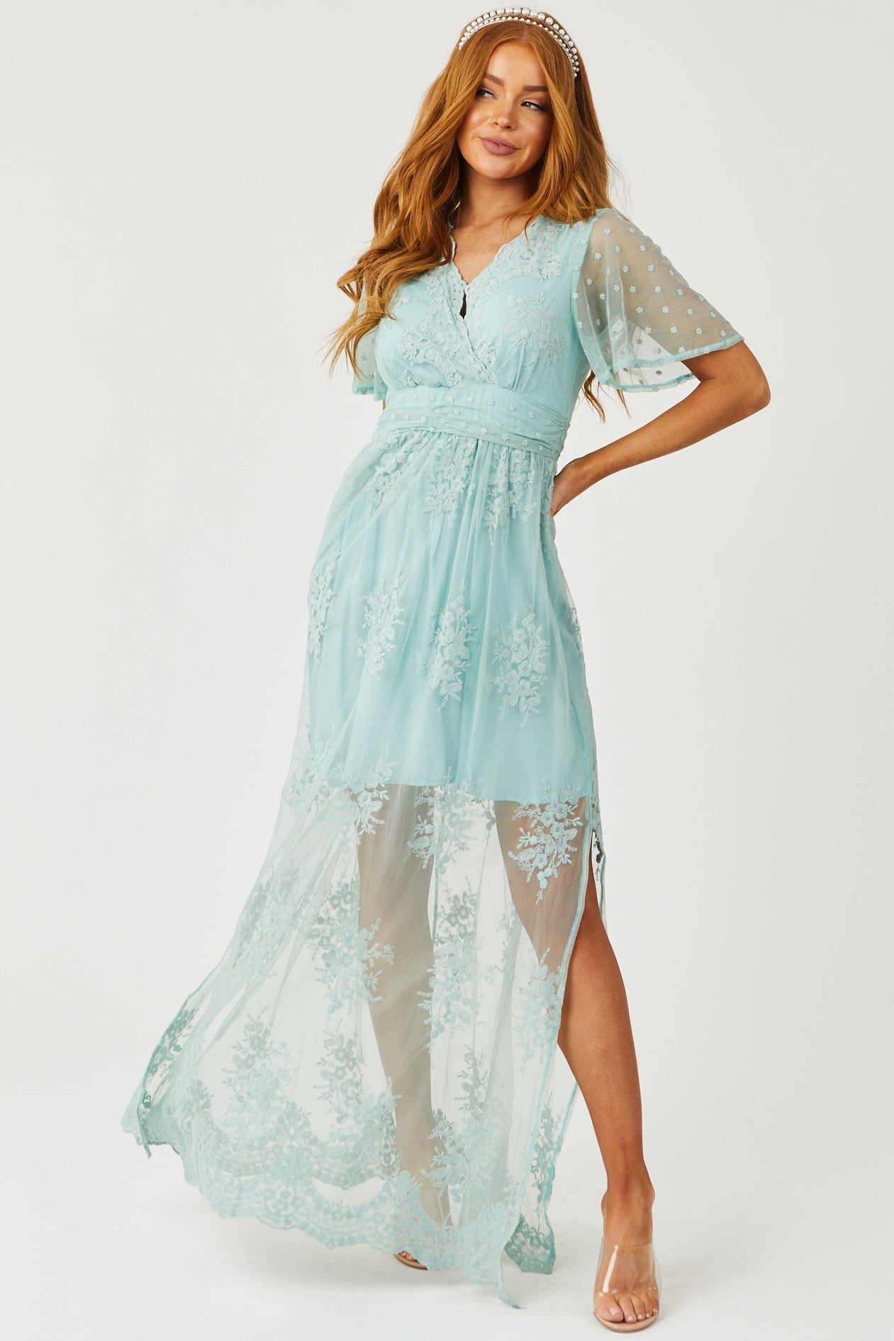 Pale Teal Floral Embroidered Tulle Maxi Dress