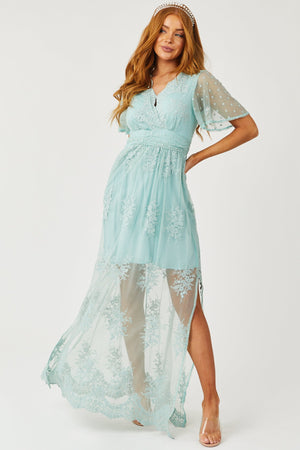 Pale Teal Floral Embroidered Tulle Maxi Dress