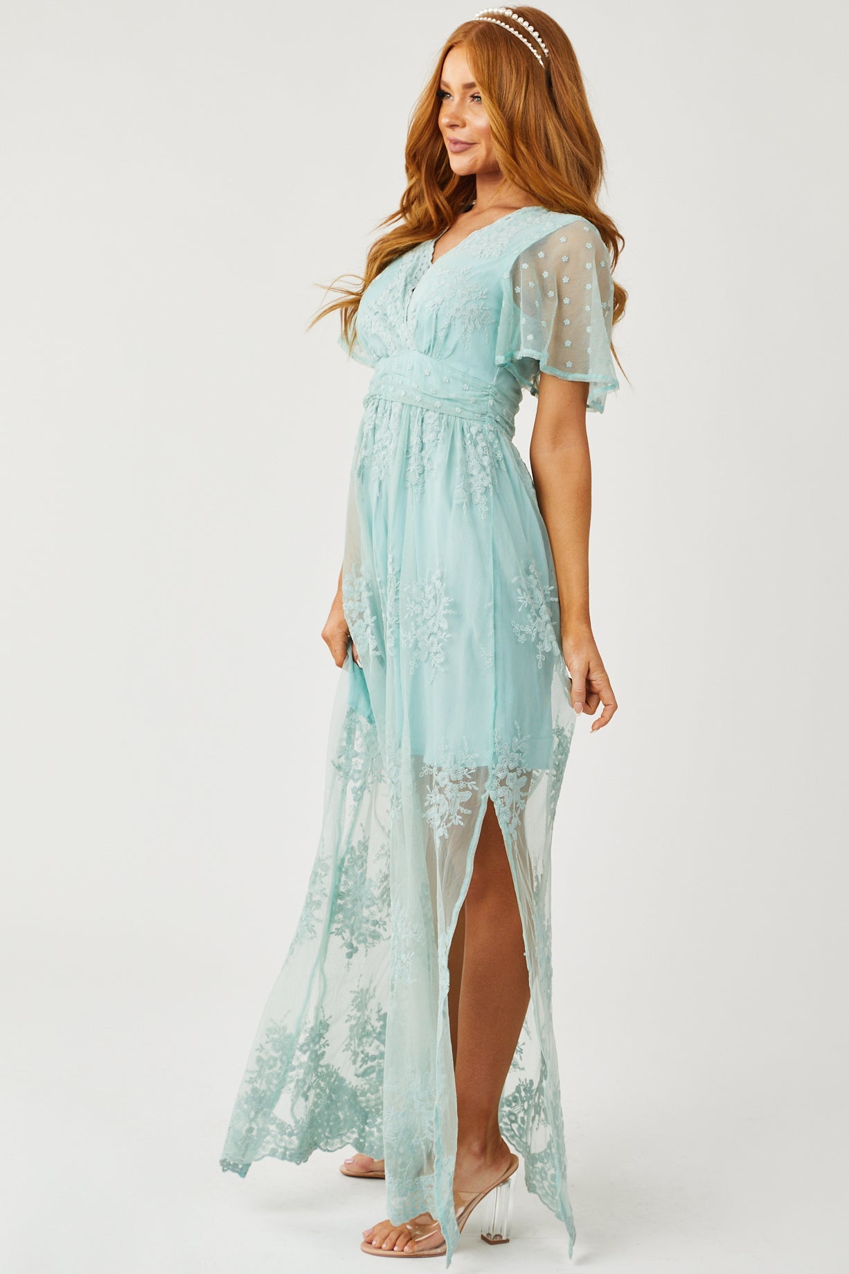 Pale Teal Floral Embroidered Tulle Maxi Dress