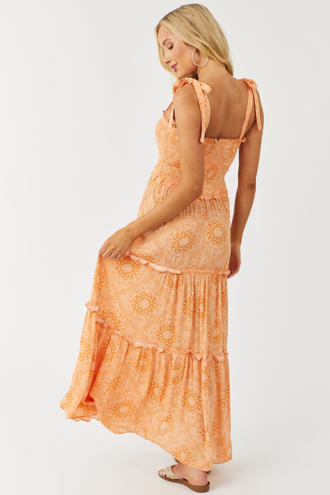 Papaya Paisley Print Smocked Tie Strap Maxi Dress