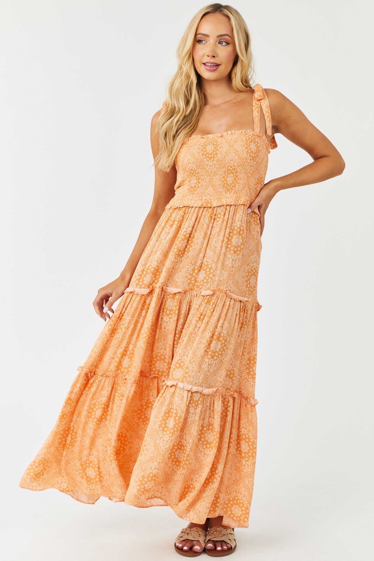 Papaya Paisley Print Smocked Tie Strap Maxi Dress