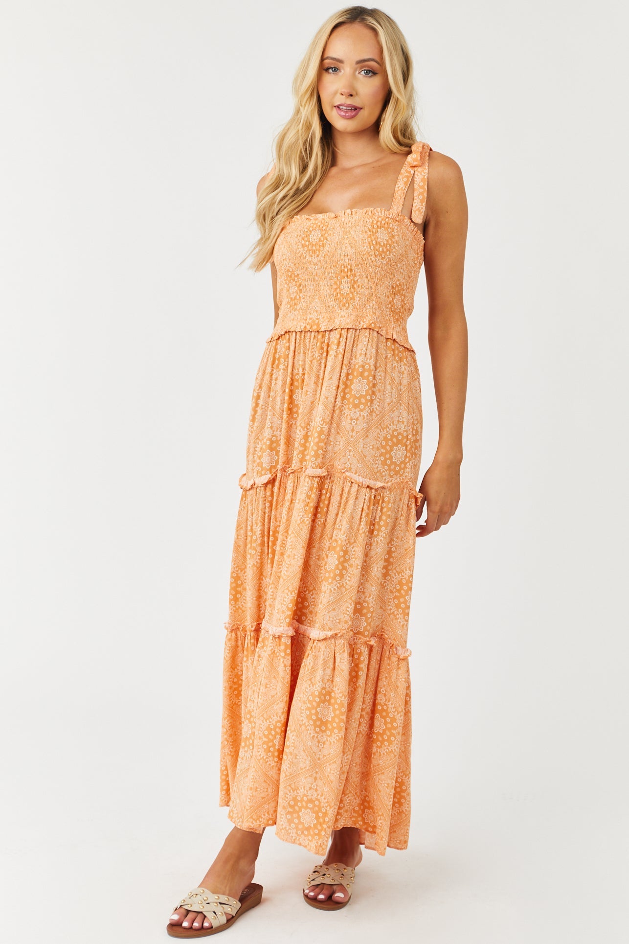 Papaya Paisley Print Smocked Tie Strap Maxi Dress