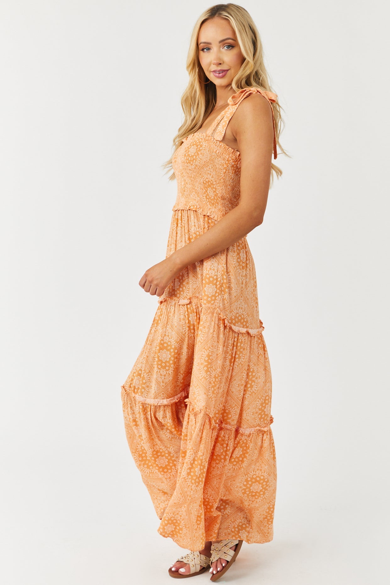 Papaya Paisley Print Smocked Tie Strap Maxi Dress