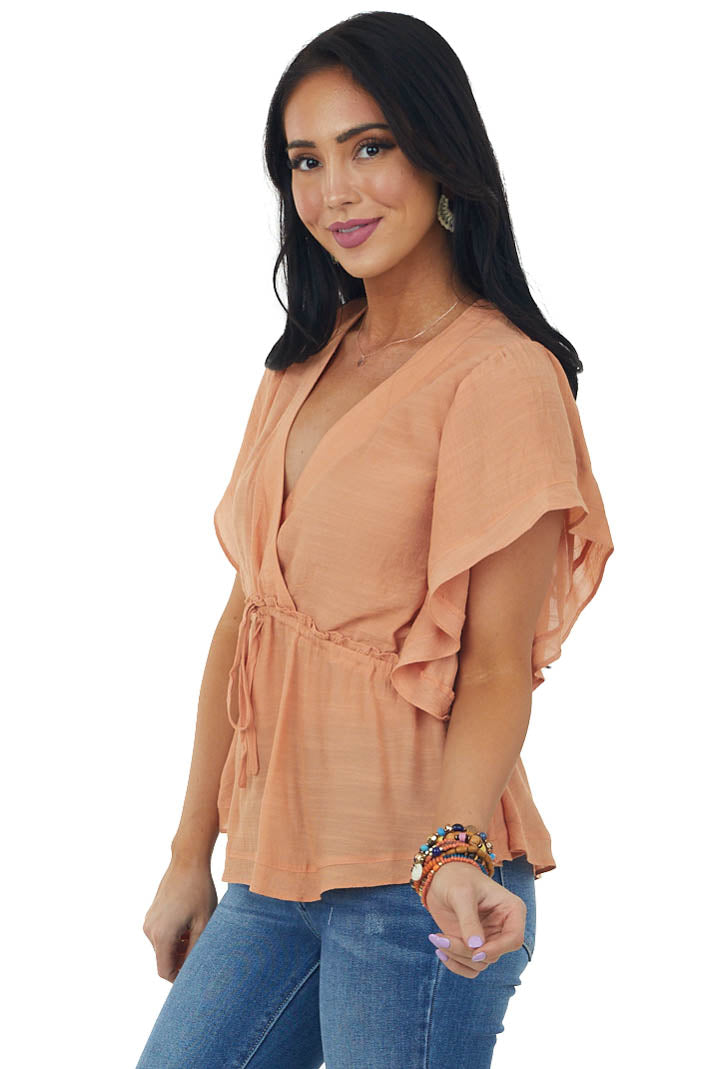 Papaya Short Sleeve Surplice Ruffle Woven Top
