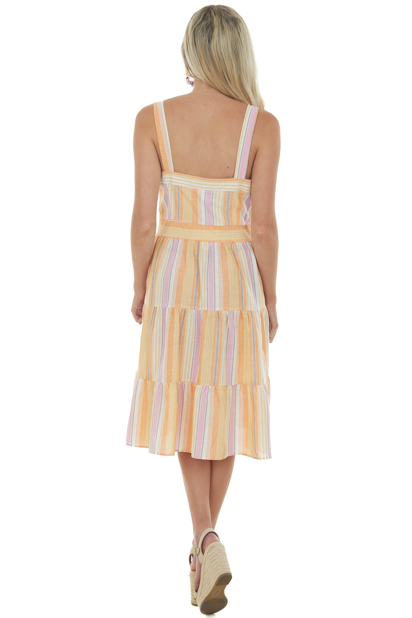 Papaya Striped Square Neck Tiered Midi Dress