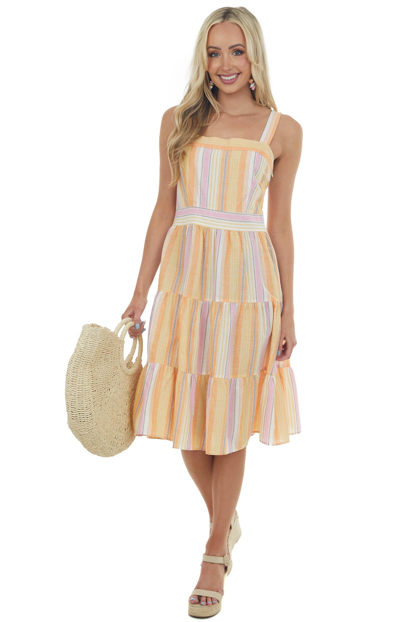 Papaya Striped Square Neck Tiered Midi Dress