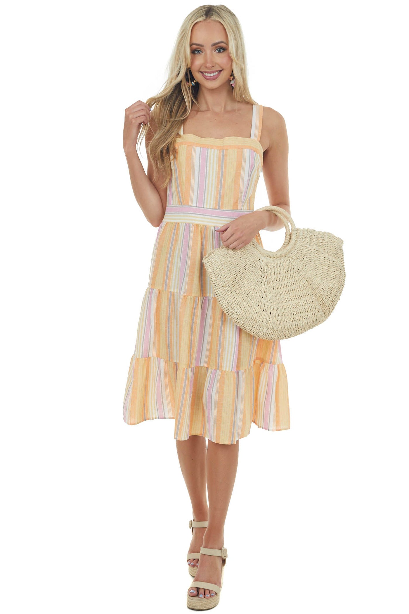 Papaya Striped Square Neck Tiered Midi Dress