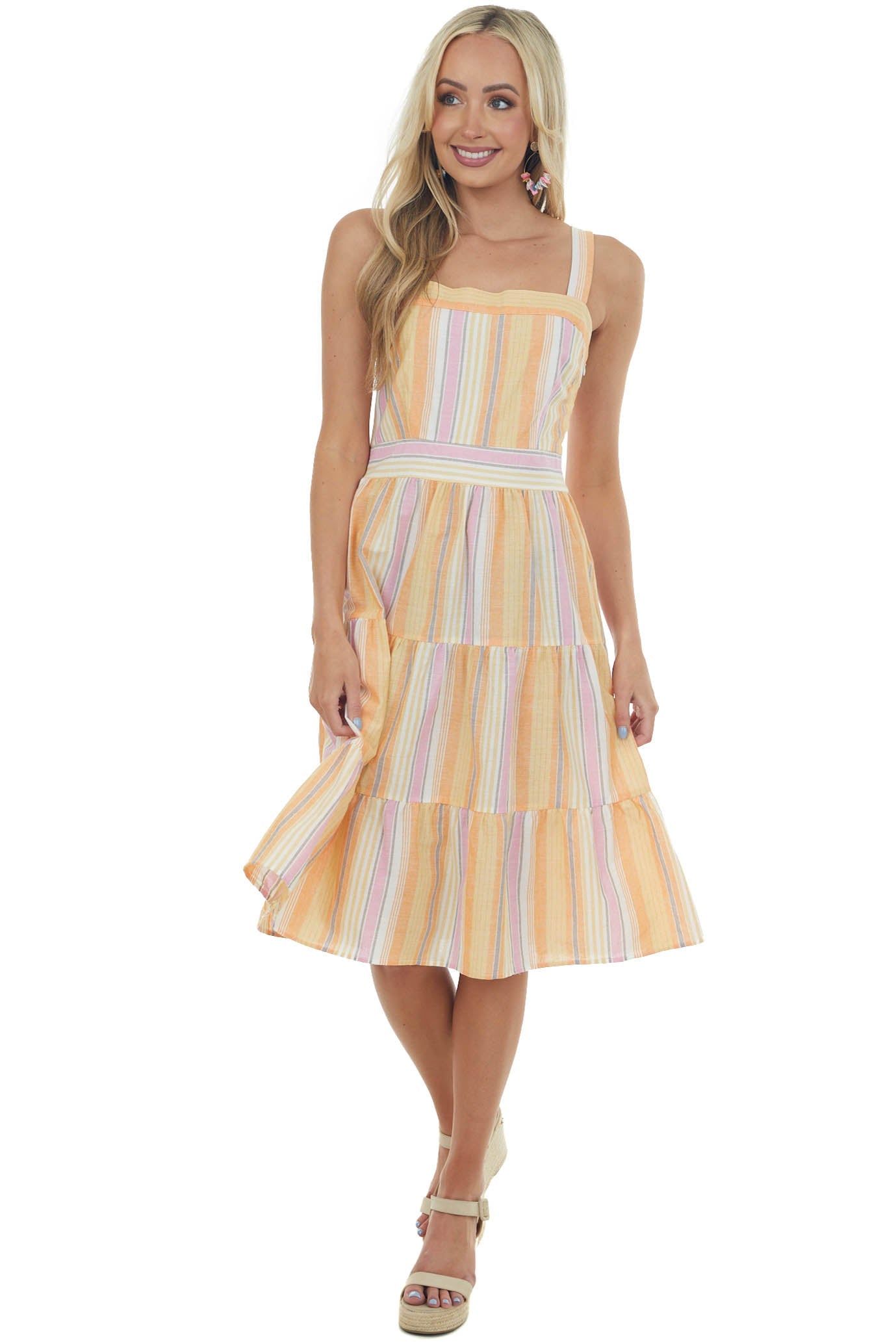 Papaya Striped Square Neck Tiered Midi Dress